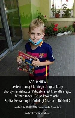 Władysławowo: Będzie zbiórka krwi dla 7-letniego Wiktora