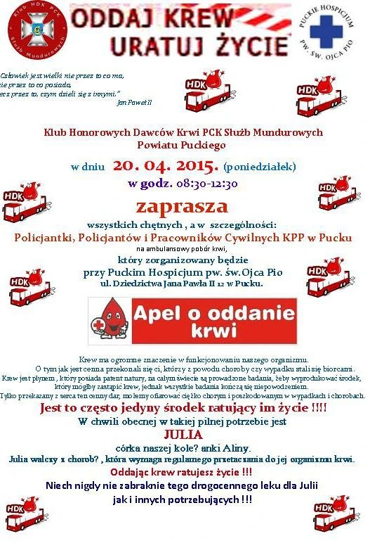 Zbiórka krwi dla chorej Julii