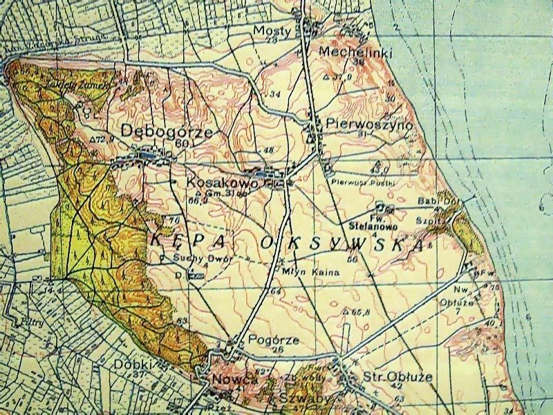 Fragment Kępy Oksywskiej na mapie Gdyni i okolic z 1935 roku.
