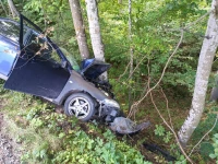 Samochód wypadł z drogi i uderzył w drzewo. Interweniowały służby