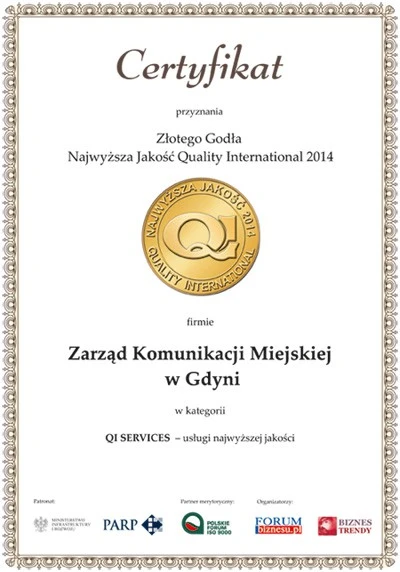 Złote Godło Najwyższa Jakość dla ZKM Gdynia